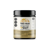 Terra Origin Healthy Gut Powder bottle with honey lemon flavor for digestion support.