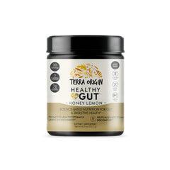 Terra Origin Healthy Gut Powder bottle with honey lemon flavor for digestion support.