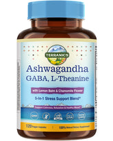 Terranics Ashwagandha L-Theanine bottle on desk for calm focus