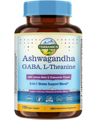 Terranics Ashwagandha L-Theanine bottle on desk for calm focus