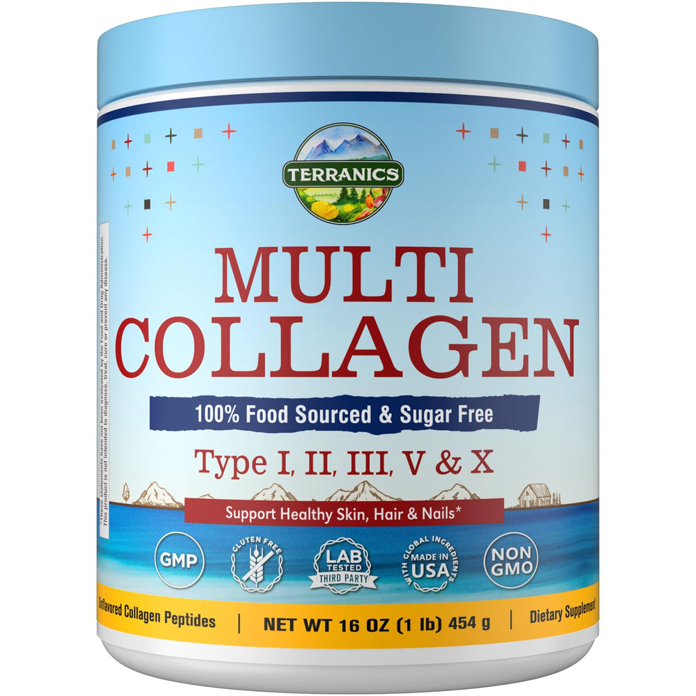 Terranics multi collagen peptides powder bottle for convenient daily use.