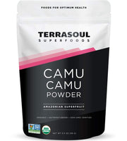 Terrasoul Camu Camu powder jar shows a vitamin C-rich supplement for smoothies.