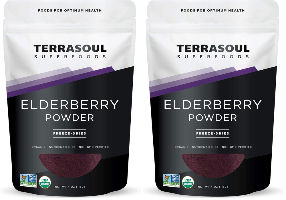 Terrasoul Elderberry Powder pack front with label, ideal for smoothies