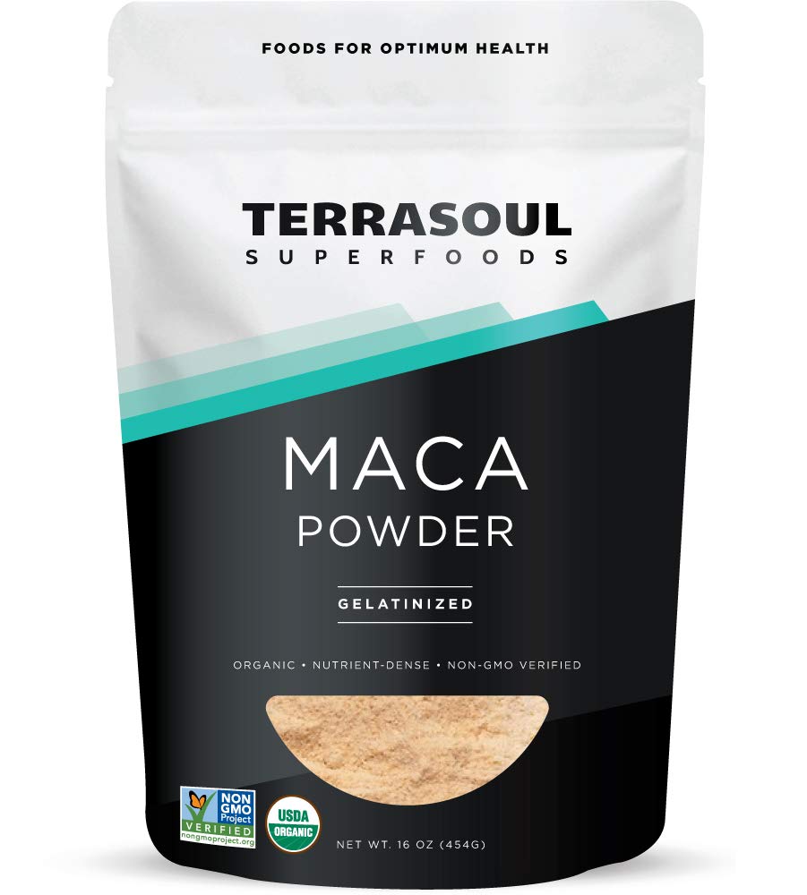 Terrasoul gelatinized maca powder in a 16-ounce pouch for convenient daily use.