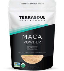 Terrasoul gelatinized maca powder in a 16-ounce pouch for convenient daily use.