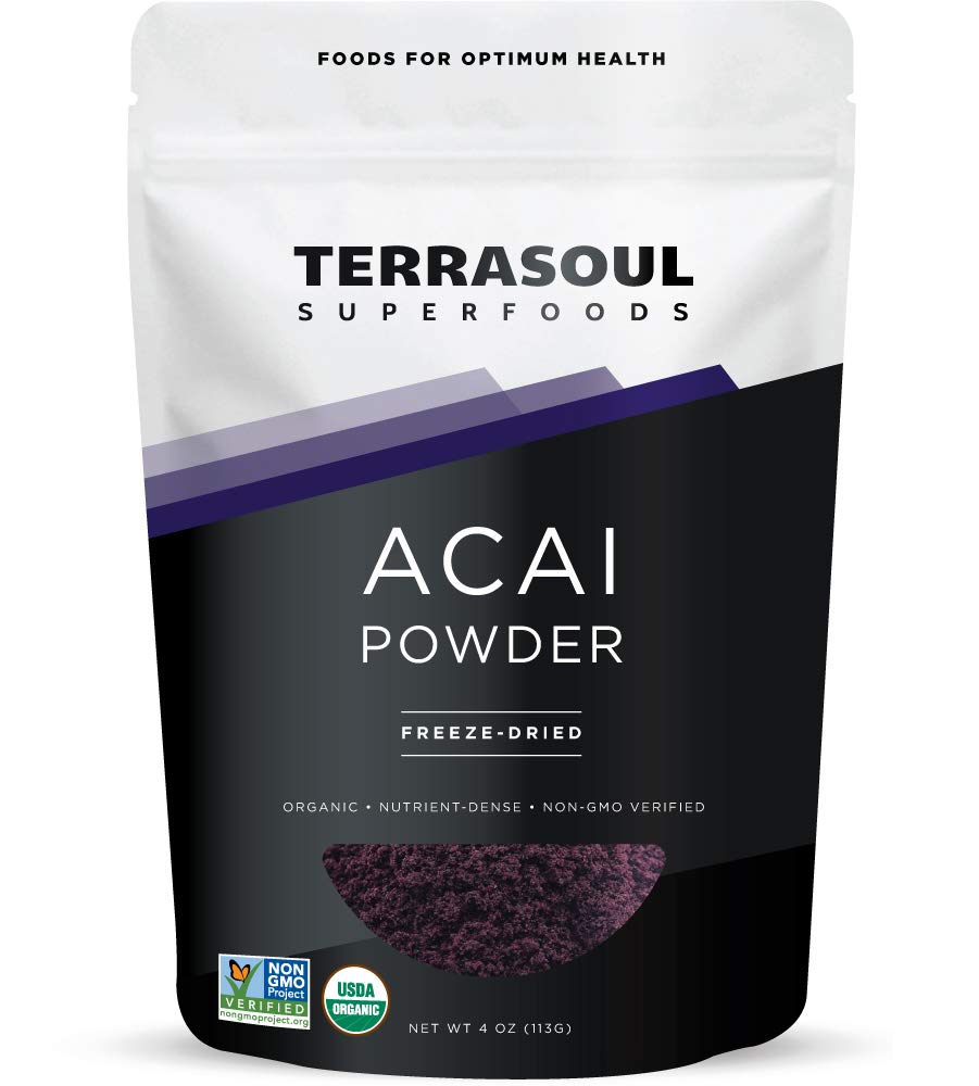 Terrasoul Organic Acai Powder 4oz pouch for rich flavor and antioxidants.