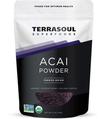 Terrasoul Organic Acai Powder 4oz pouch for rich flavor and antioxidants.