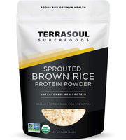 Terrasoul organic sprouted brown rice protein powder label showing natural packaging and branding