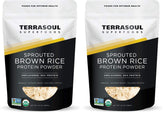 Terrasoul Organic Sprouted Brown Rice Protein Powder tub label with organic certification for vegan shakes.