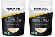 Terrasoul Organic Sprouted Brown Rice Protein Powder tub label with organic certification for vegan shakes.