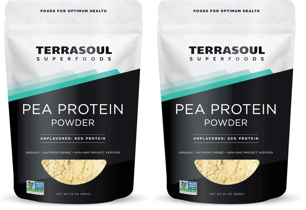 Terrasoul pea protein pouch front, organic, unflavored powder ready to blend.