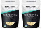 Terrasoul pea protein pouch front, organic, unflavored powder ready to blend.