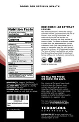 Terrasoul Reishi powder label close-up emphasizes organic vegan formula for daily wellness.