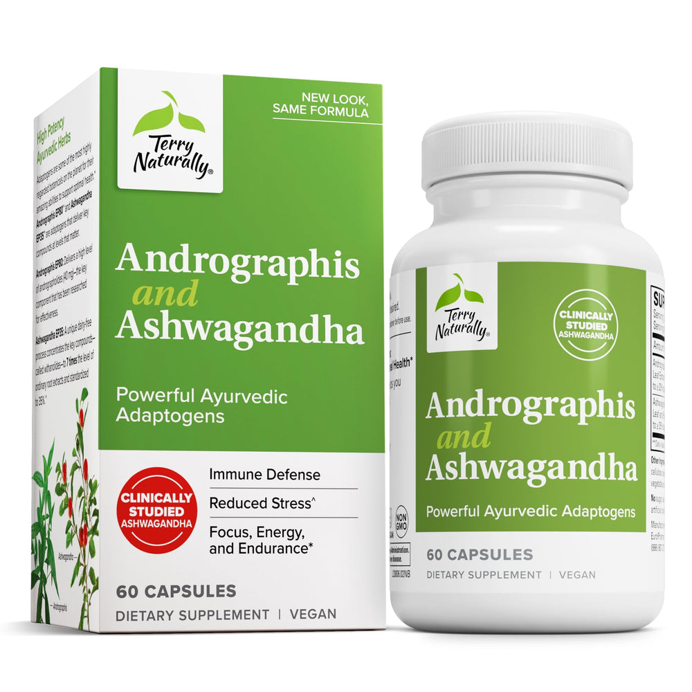 Terry Naturally Andrographis and Ashwagandha bottle label for daily immune support.