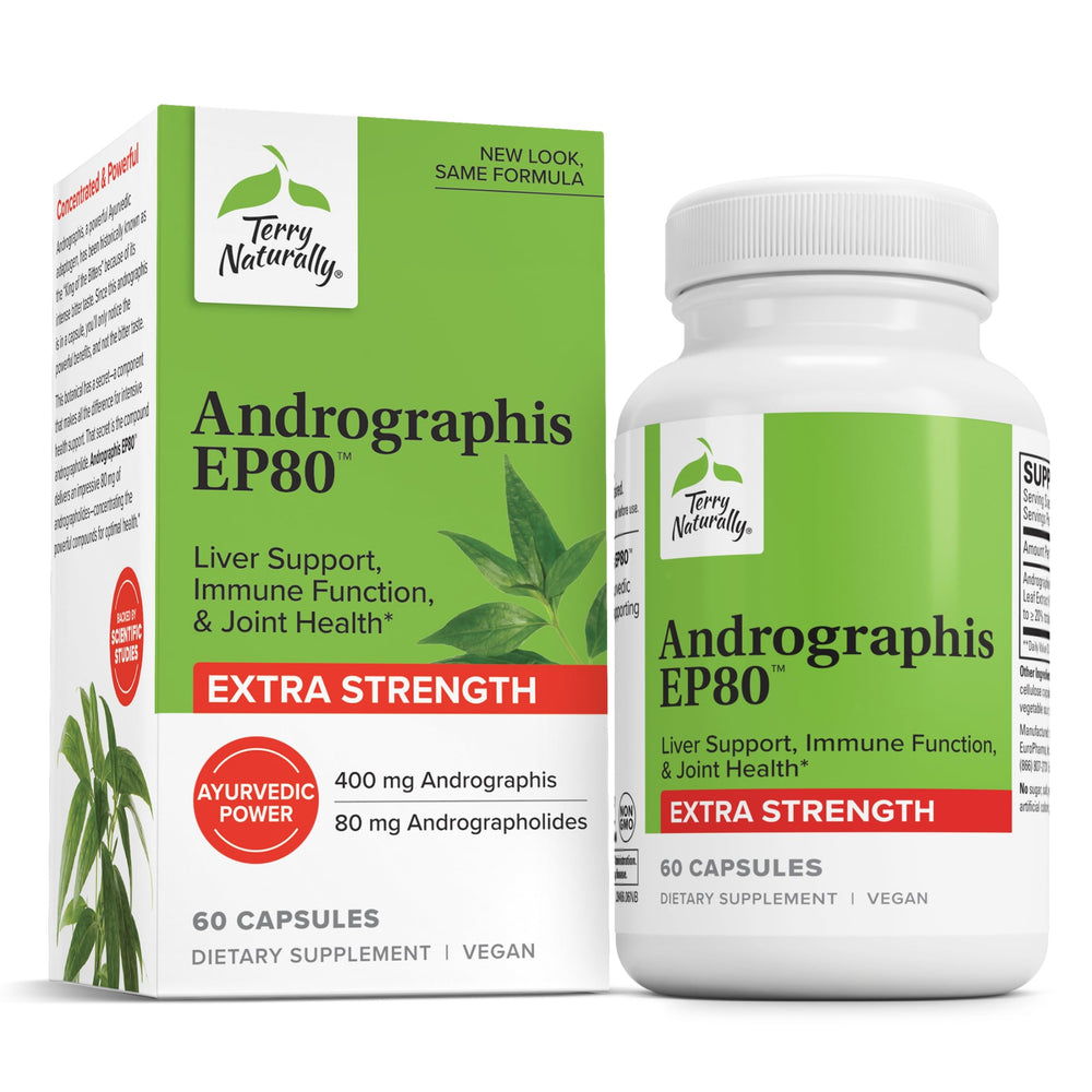 Terry Naturally Andrographis EP80 bottle front showing packaging for immune and liver support.