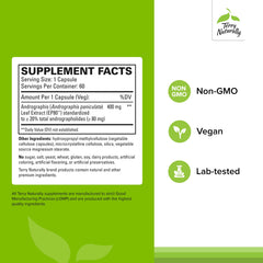 Terry Naturally Andrographis EP80 capsules close-up for vegan joint mobility support.