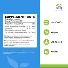 Closeup of Terry Naturally BioActive Magnesium Complex vegan capsules.