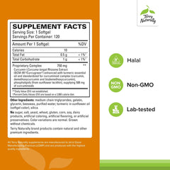 Terry Naturally CuraMed 750 mg bottle label notes high-potency curcuminoids for daily wellness.