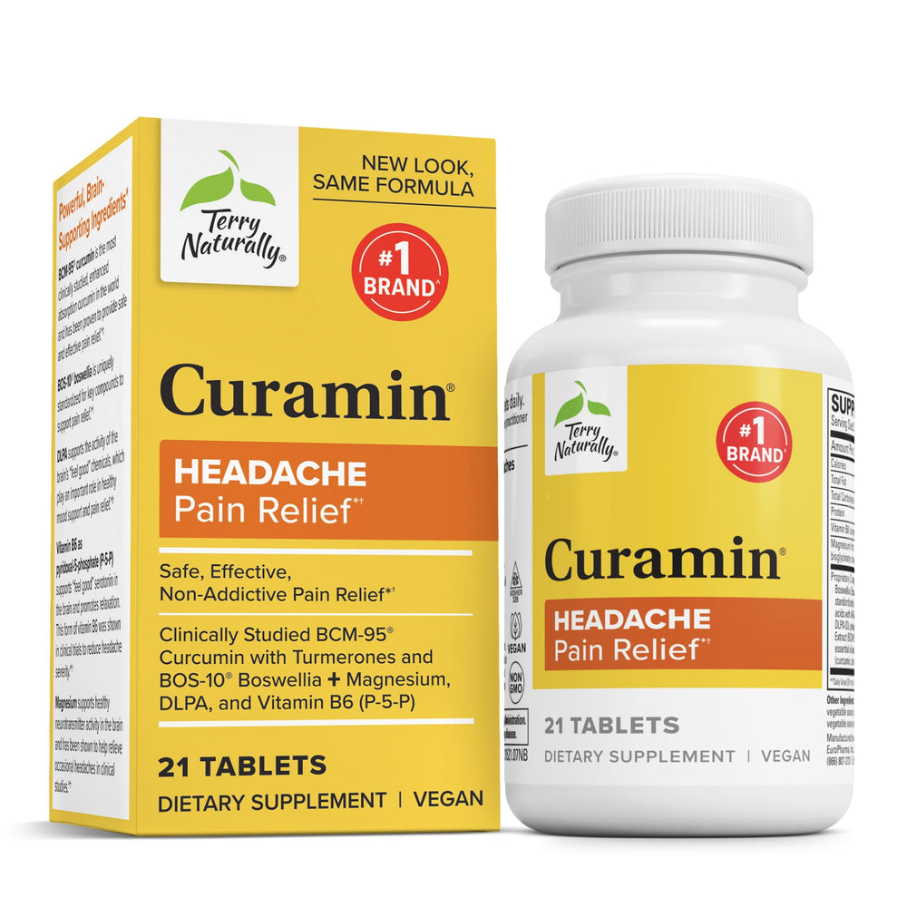 Terry Naturally Curamin Headache bottle front shows a formula to support occasional fatigue-related headaches.