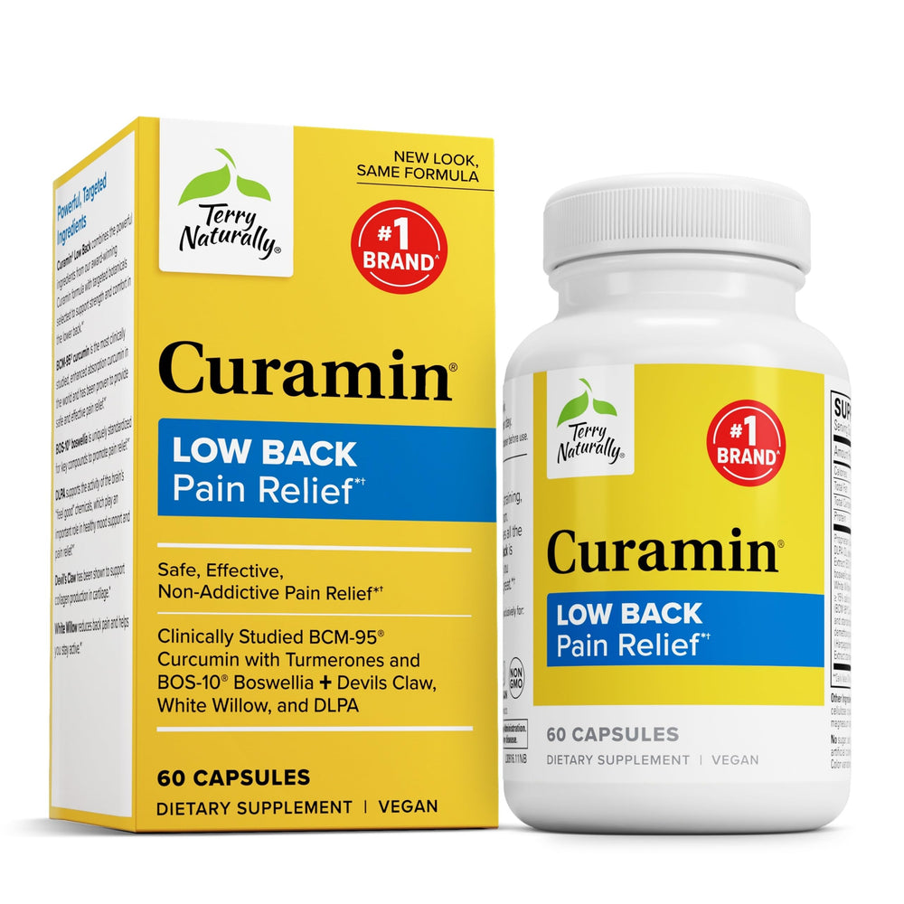 Terry Naturally Curamin low back bottle shows capsules for potential back comfort support.
