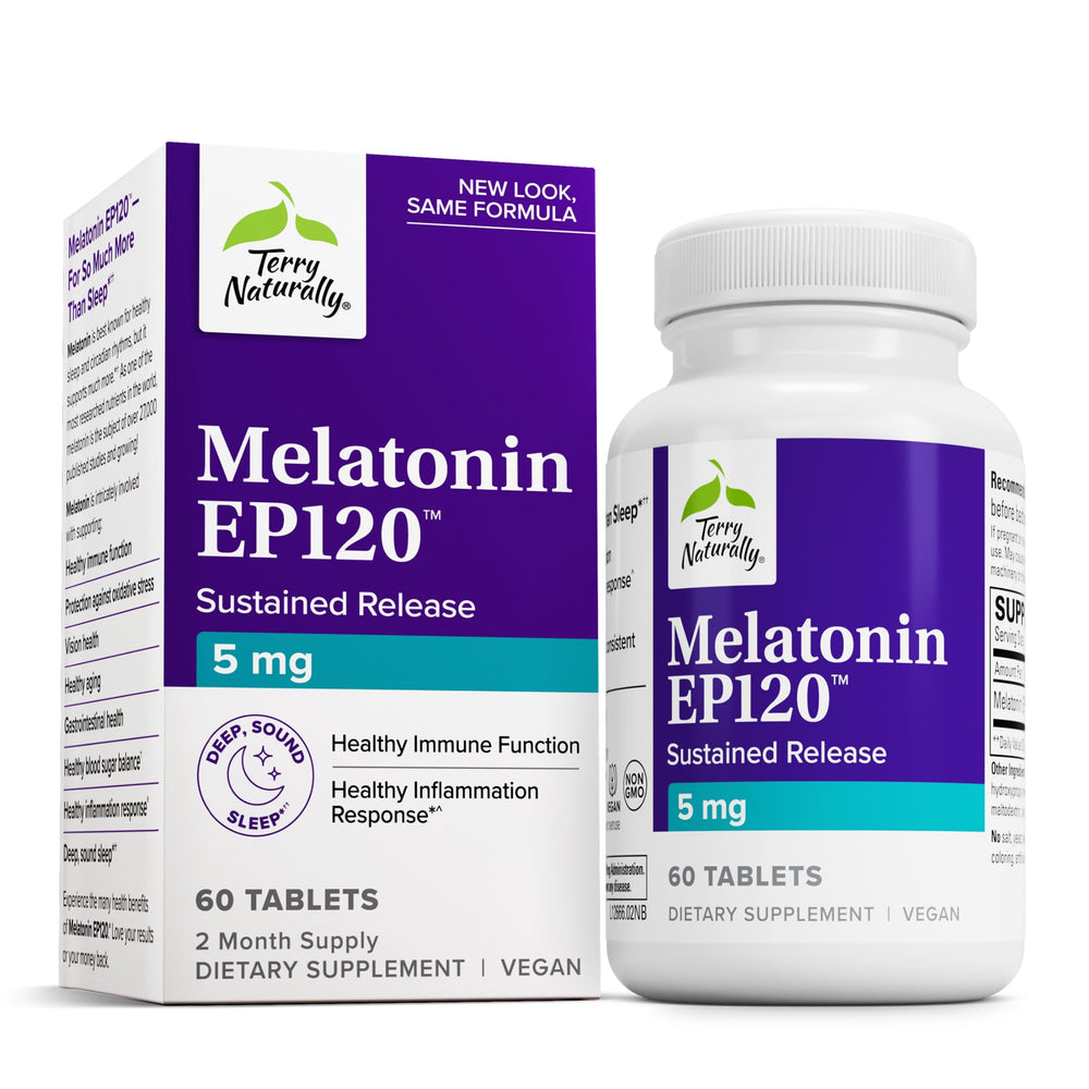 Terry Naturally Melatonin EP 5mg bottle for restful sleep and antioxidant support.