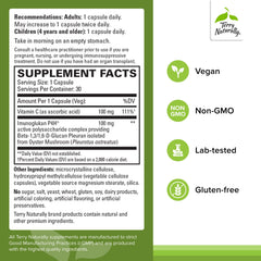 PleuraMax bottle label highlights vegan, non-GMO formula.