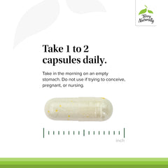 Dosing capsules illustrating 1–2 capsules daily on an empty stomach.