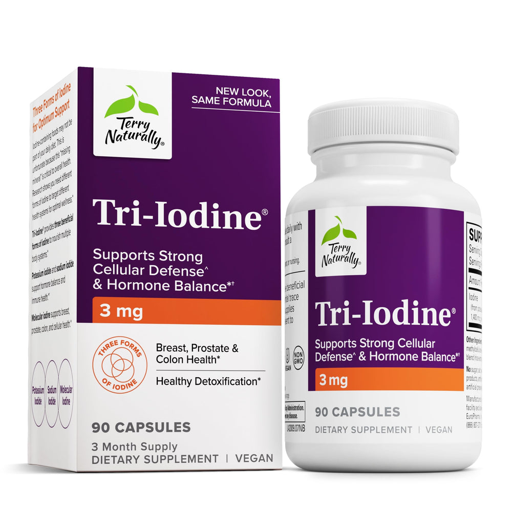 Terry Naturally Tri-Iodine bottle shows three iodine forms for potential prostate and thyroid support