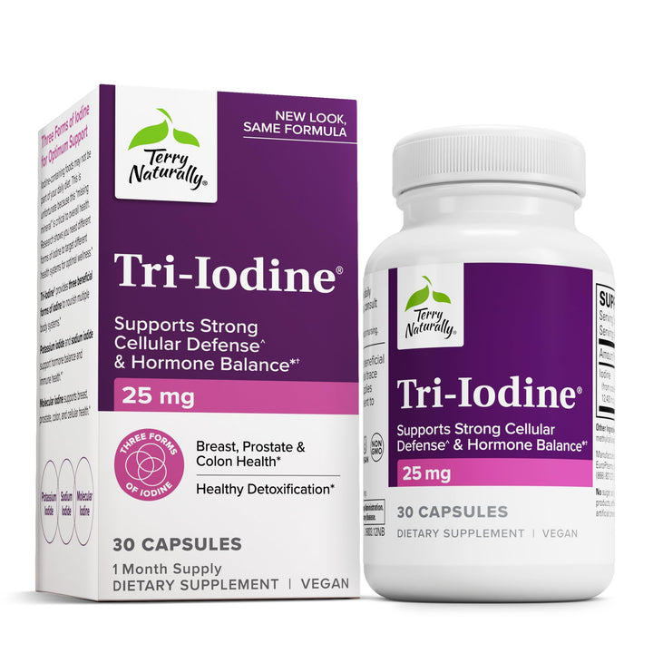 Terry Naturally Tri-Iodine bottle on a clean surface supports daily iodine intake for overall wellness