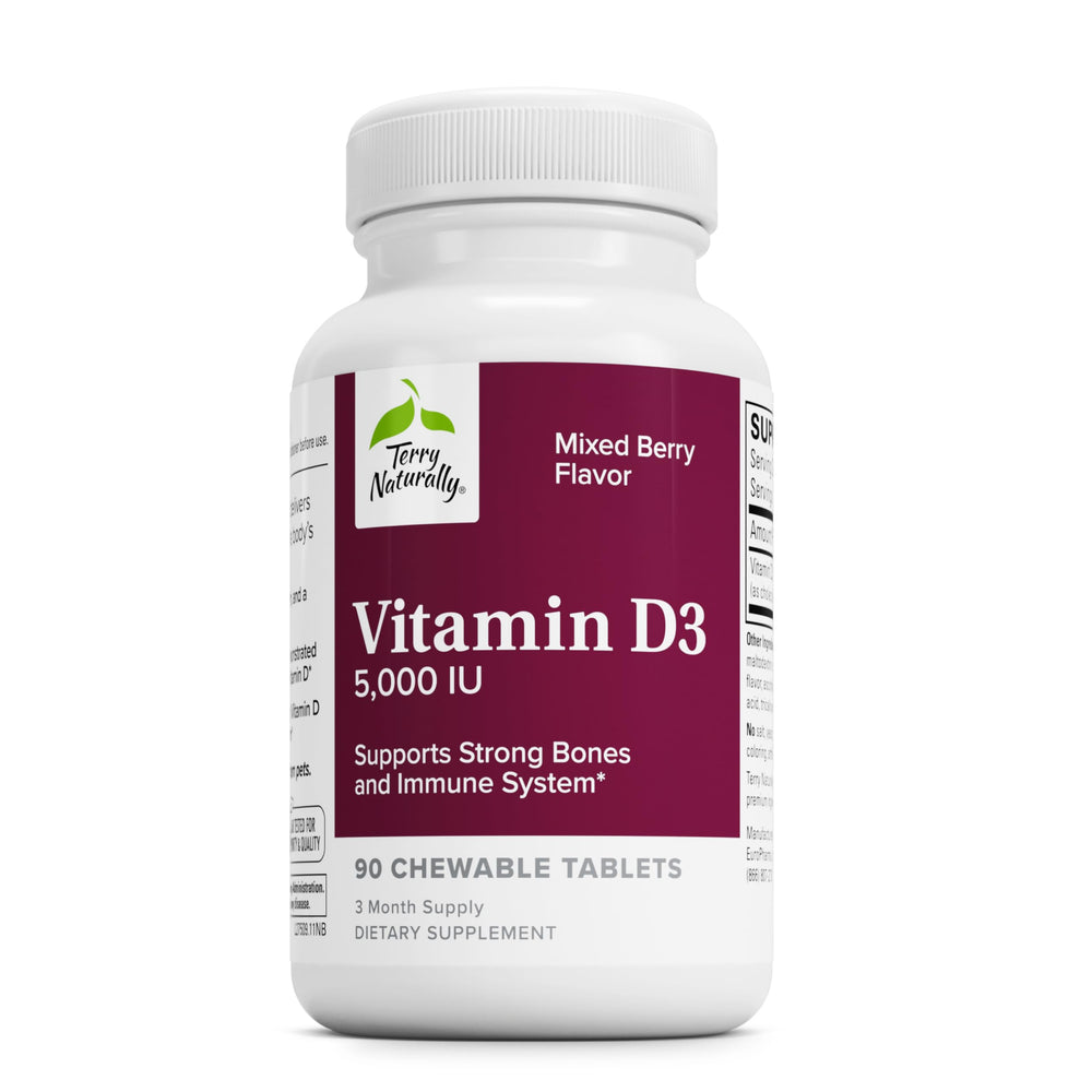 Terry Naturally Vitamin D3 5000 IU tablet on white background for bone health and immune support.