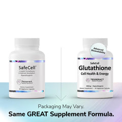 Closeup of Tesseract SafeCell capsules highlighting vegan, hypoallergenic formula