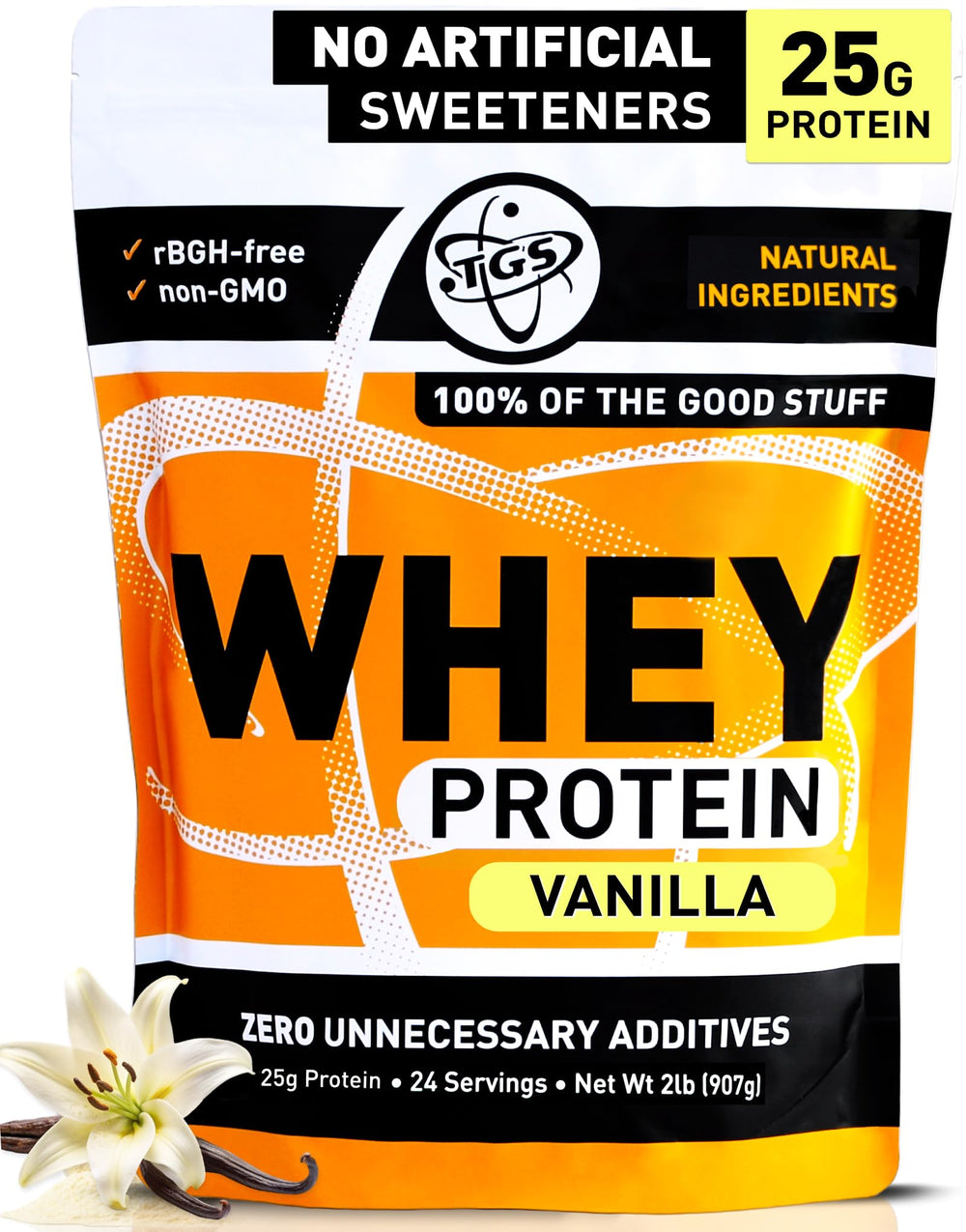 TGS Nutrition Vanilla Whey Protein 2lb bottle showing clean, natural ingredients for daily workouts.