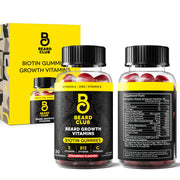 The Beard Club Biotin Beard Growth Gummies bottle close-up with strawberry flavor for daily use.