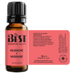 The Best Essential Oil Co Headache + Migraine bottle closeup emphasizes purity and premium packaging