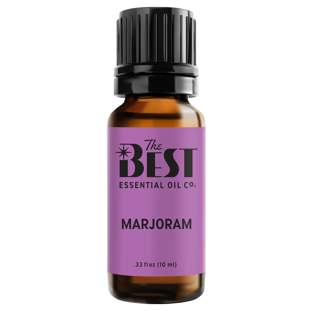 The Best Essential Oil Co marjoram bottle close-up showing premium purity and label.