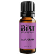 The Best Essential Oil Co marjoram bottle close-up showing premium purity and label.