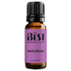 The Best Essential Oil Co marjoram bottle close-up showing premium purity and label.