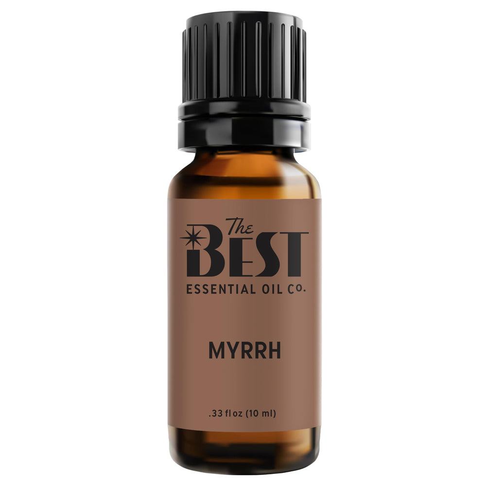 The Best Essential Oil Co Myrrh bottle closeup, showcasing premium quality for aromatherapy and diffusing