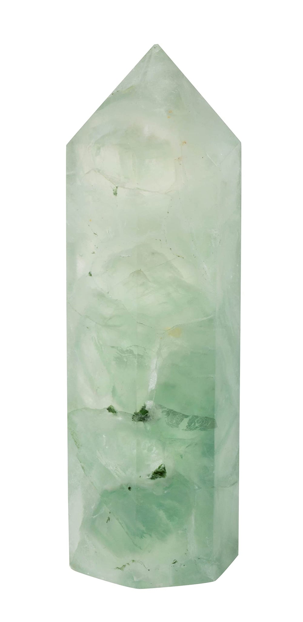 The Chrysalis Stone fluorite point close-up shows swirling colors for meditation.