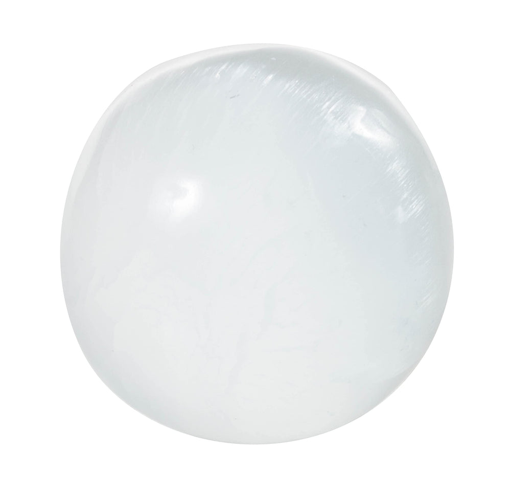 The Chrysalis Stone selenite sphere in front view promotes calm energy for meditation