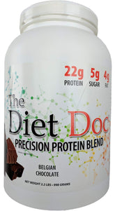 The Diet Doc Precision Protein Blend Belgian Chocolate front packaging with premium grass-fed protein