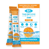 The Dry Eye Drink orange packet being poured for fast on-the-go hydration.