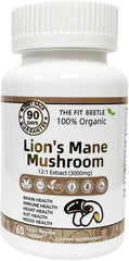 The Fit Beetle Lions Mane bottle front shows vegan, gluten-free purity for daily use.
