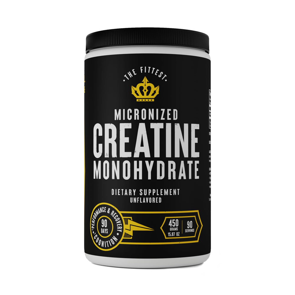 The Fittest Ever creatine monohydrate powder jar, unflavored, ready to mix with water