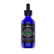 THE FOOD MOVEMENT CO. Black Earth Zeolite bottle closeup highlighting fast absorption in liquids.