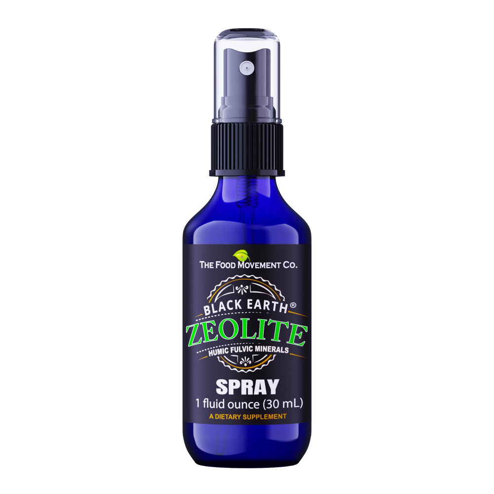 The Food Movement Co. Black Earth Zeolite pump spray bottle close-up for convenient daily use.