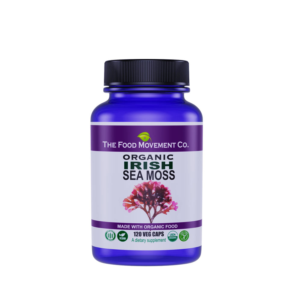 The Food Movement Co Irish Sea Moss bottle with vegan capsules for digestive balance.