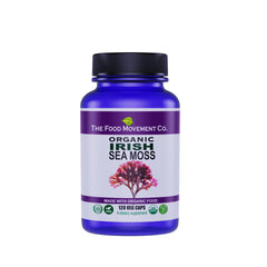 The Food Movement Co Irish Sea Moss bottle with vegan capsules for digestive balance.