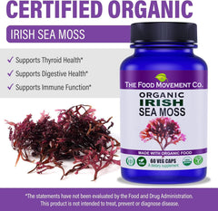 The Food Movement Co Irish Sea Moss ingredients list highlighting 70+ trace minerals.
