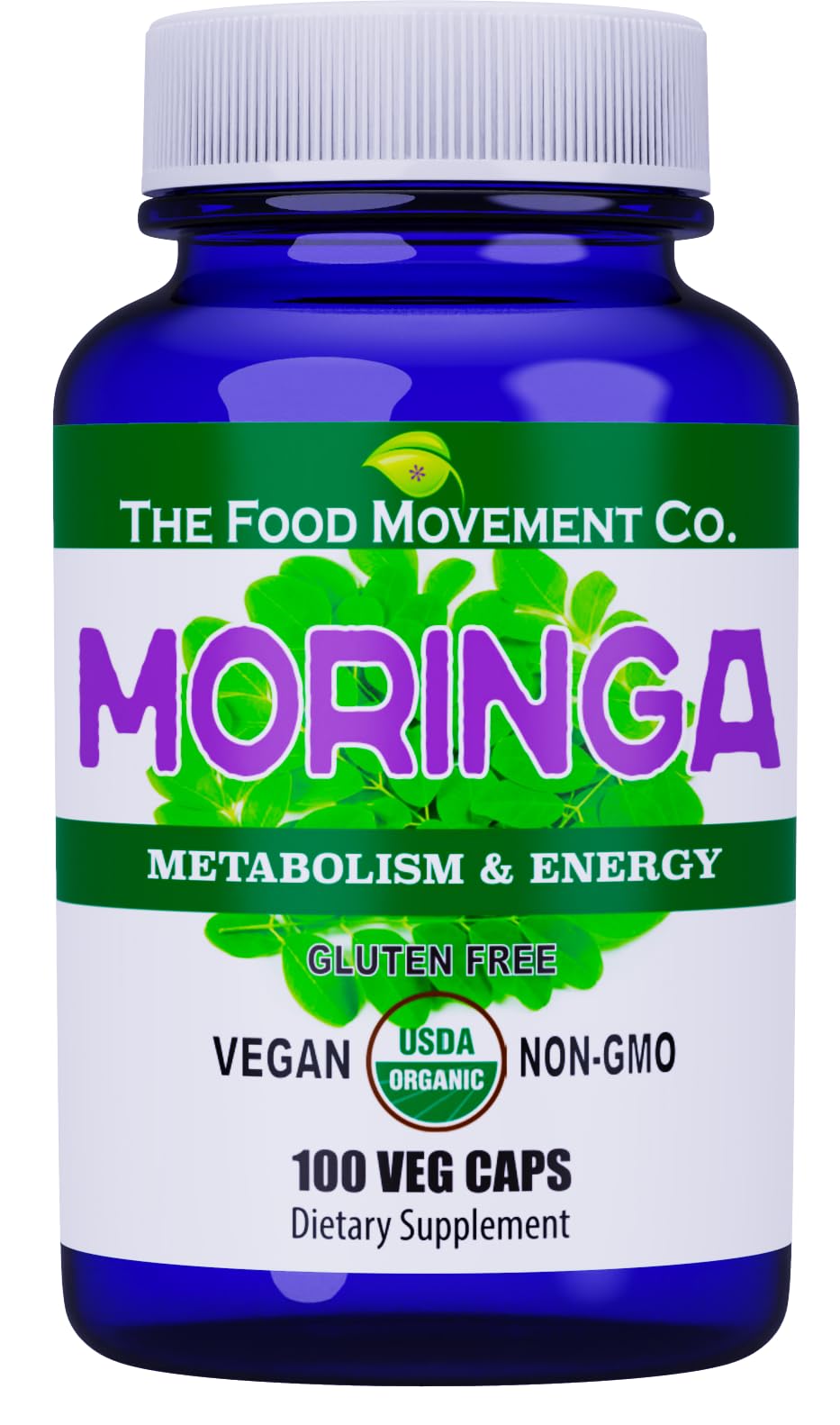 The Food Movement Co Moringa capsules bottle shown for natural energy support